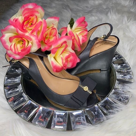 Audrey Brooke Fiona Black Leather Wedge Heels 7M - Picture 1 of 9